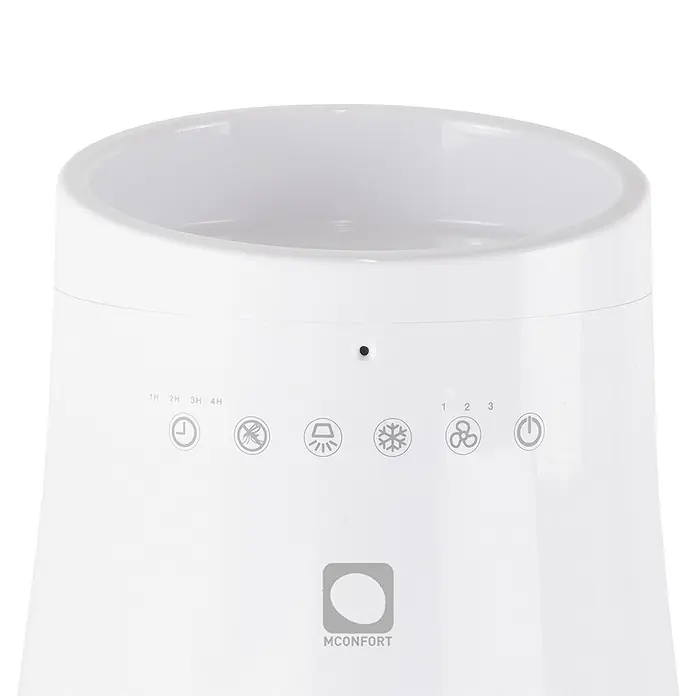 MConfort Climatizador evaporativo - Blanco, Altura: 80 cm - Parte superior de un purificador MCONFORMT blanco con panel de control: temporizador, función, velocidad del ventilador y encendido.