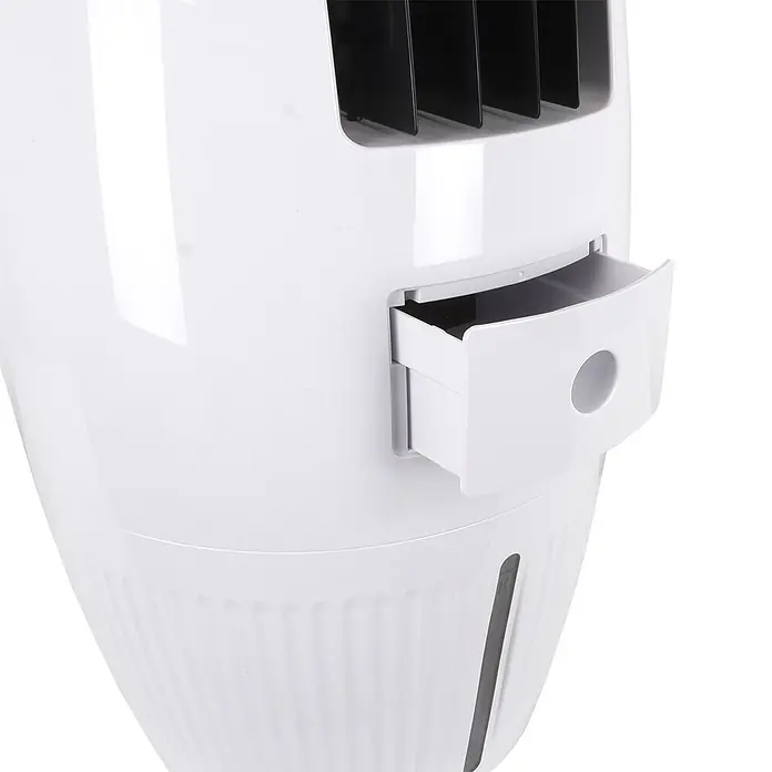 MConfort Climatizador evaporativo - Blanco, Altura: 80 cm - Enfriador de aire portátil blanco con un cajón superior parcialmente abierto e indicador de nivel de agua visible.