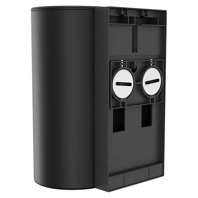 Camargue Paris Black Kosmetikeimer - Edelstahl, Schwarz - Schwarzes zylindrisches Gerät mit rechteckiger Rückwand und zwei weißen geschlitzten Befestigungen.