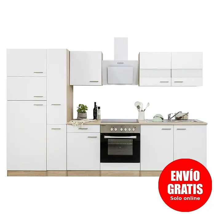 Respekta Composición de cocina Merle - Ancho: 300 cm, Blanco, Con electrodomésticos, Volumen horno: 72 l - Cocina modular moderna con armarios blancos, base efecto madera clara, horno, placa, fregadero y campana extractora integrados.