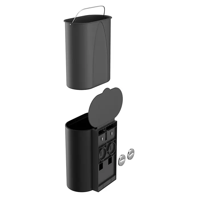 Camargue Paris Black Kosmetikeimer - Edelstahl, Schwarz - Schwarzer Wandabfallbehälter aus Kunststoff: oben mit Griff, unten mit offenem Deckel und Montagezubehör.