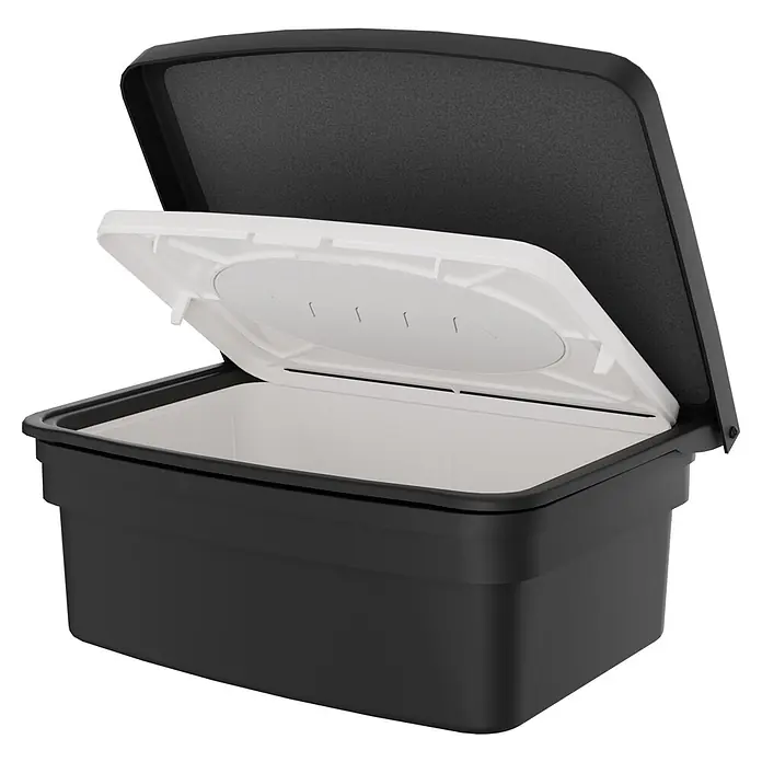 Camargue Paris Black Feuchttücher-Box - L x B x H: 15,3 x 17 x 8 cm, Edelstahl, Schwarz - Offener, rechteckiger schwarzer Behälter mit weißem Innendeckel, zur Aufbewahrung.