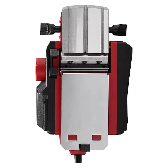 Einhell Cepilladora eléctrica TC-PL 800 - 800 W, Profundidad de cepillo: 2 mm, Número de revoluciones de marcha en vacío: 17.000 r.p.m. - Componente de máquina rojo y negro con rodillos, placas metálicas plateadas y pomos negros ajustables, probablemente parte de una cepilladora.