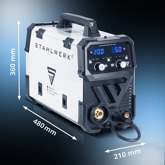 STAHLWERK MIG/MAG-Schweißgerät Schweißgerät MIG MAG 200 ST Vollausstattung IGBT - Schweißstrom: 20 A - 200 A, 230 V - Weiß-schwarzes STAHLWERK MIG/MAG 200 ST PLUS Schweißgerät mit Digitalanzeige, Drehknöpfen und Maßen 480x360x210 mm.