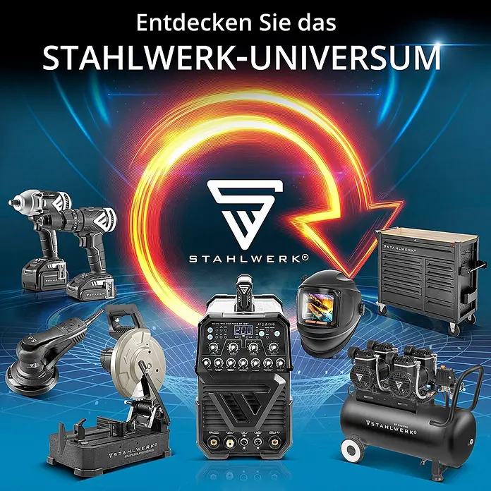 STAHLWERK MIG/MAG-Schweißgerät Schweißgerät MIG MAG 200 ST Digital - Schweißstrom: 200 A, 230 V - Eine Auswahl an schwarzen und grauen Stahlwerk Profi-Werkzeugen und Werkstattausrüstung, darunter Schweißgeräte, Bohrmaschinen und ein Kompressor.
