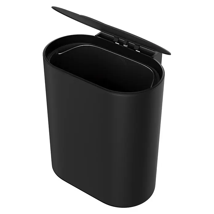 Camargue Paris Black Kosmetikeimer - Edelstahl, Schwarz - Eleganter schwarzer ovaler Abfalleimer mit offenem Deckel, der das Innere zeigt.
