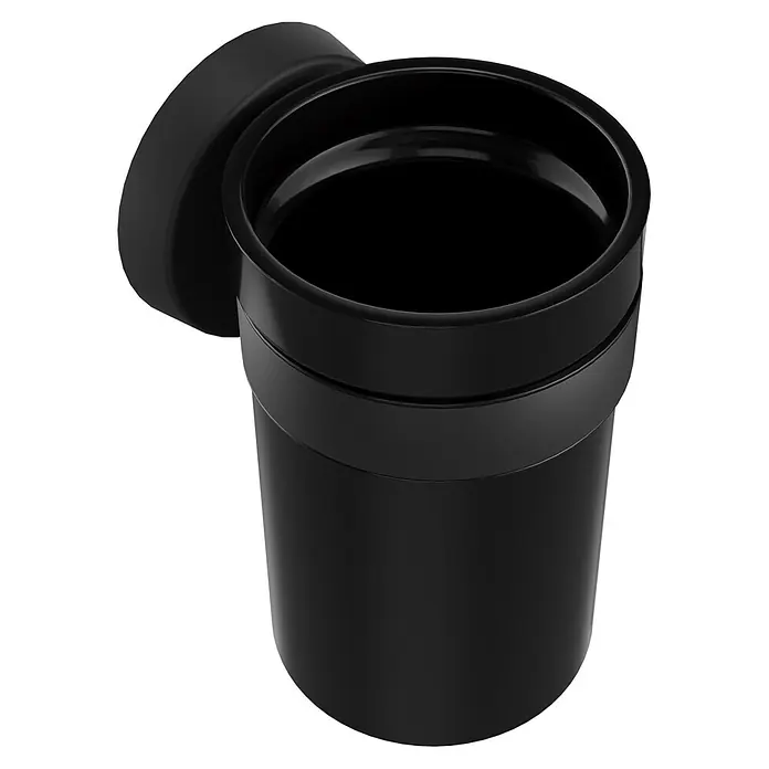 Camargue Paris Black Zahnputzbecher - L x B x H: 9,5 x 7 x 11 cm, Edelstahl - Schwarzer zylindrischer Behälter mit geöffnetem Deckel, der den dunklen Innenraum zeigt.