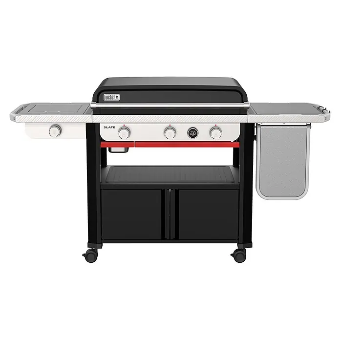 Weber Gasgrill SLATE GPSB76 - Grillfläche (B x T): 76 x 5,6 cm, 10,6 kW, Anzahl Brenner: 3 Stk. - Weber Gas-Plancha in Schwarz-Weiß mit roten Akzenten, Seitenablagen, Digitalanzeige und Unterschrank auf Rollen.
