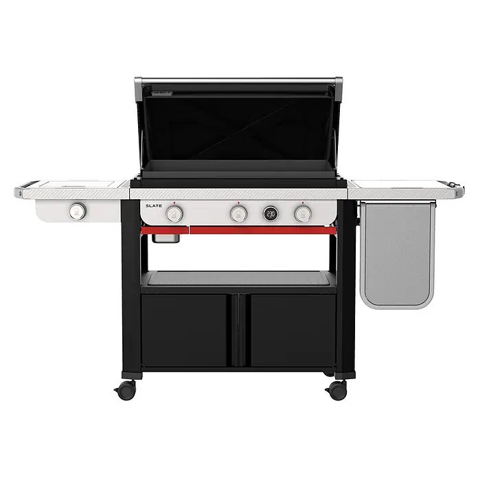 Weber Gasgrill SLATE GPSB76 - Grillfläche (B x T): 76 x 5,6 cm, 10,6 kW, Anzahl Brenner: 3 Stk. - Moderner schwarz-weißer Plancha-Grill mit geöffnetem Deckel, digitaler Temperaturanzeige, Ablagen und integriertem Stauraum auf Rollen.