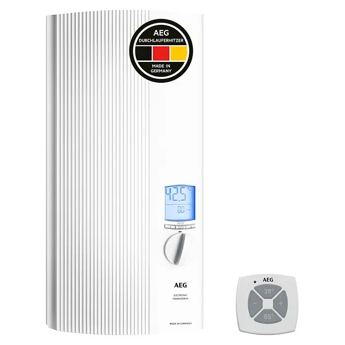 AEG Durchlauferhitzer DDLE TD - 18/21/24 kW, Elektronisch - Weißer elektronischer Durchlauferhitzer mit Digitalanzeige und Drehregler, dazu eine Fernbedienung.