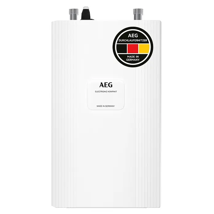 AEG Durchlauferhitzer DDLE Kompakt - 13,5 kW, Elektronisch - Weißer AEG Durchlauferhitzer mit 'Made in Germany' Label.