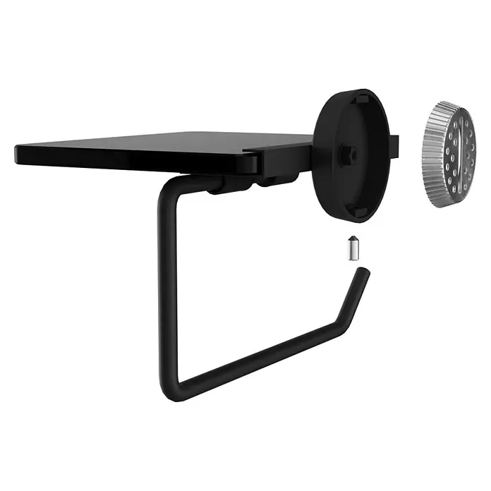 Camargue Paris Black Toilettenpapierhalter - L x B x H: 14 x 16,4 x 12,3 cm, Edelstahl, Schwarz - Schwarzer Wand-Toilettenpapierhalter mit Ablage, zerlegt mit silberner Scheibe und Schraube. Mattschwarze Metallausführung.