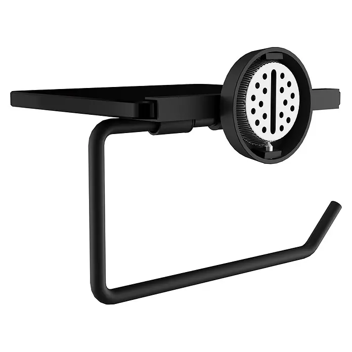 Camargue Paris Black Toilettenpapierhalter - L x B x H: 14 x 16,4 x 12,3 cm, Edelstahl, Schwarz - Schwarzer Toilettenpapierhalter mit Ablage und kreisförmigem, perforiertem Spender.