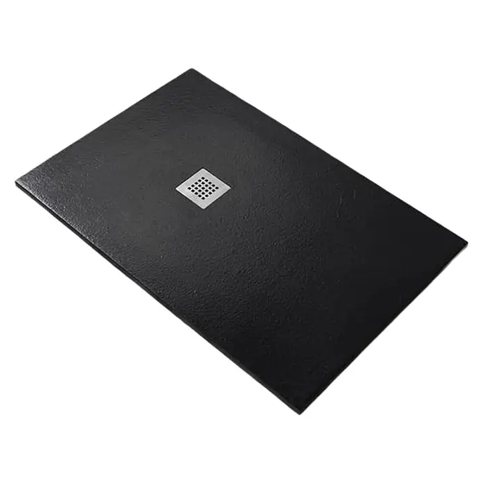 FRASCIO New Tecnology Duschwanne Duschwanne - L x B: 1.250 x 700 mm, Verbundwerkstoff, Schwarz - Texturierte schwarze rechteckige Duschwanne mit quadratischem Metallablauf.