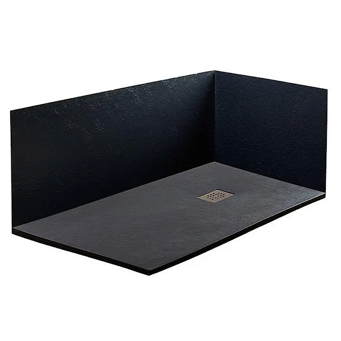 FRASCIO New Tecnology Duschwanne Duschwanne - L x B: 1.250 x 700 mm, Verbundwerkstoff, Schwarz - Dunkelgraue Schiefer-Duschwanne mit integriertem Abfluss und passenden Wandpaneelen.