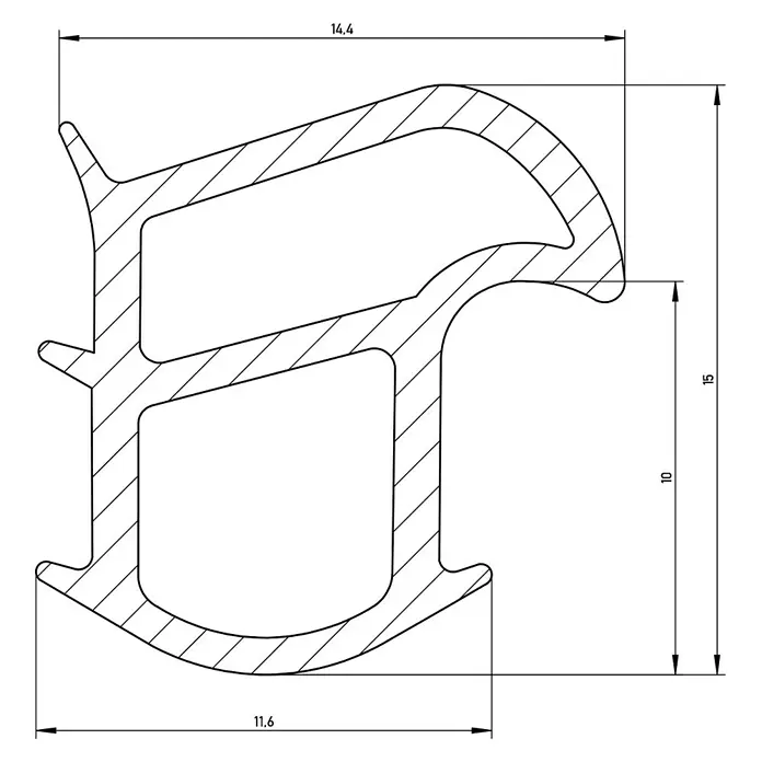 Solid Elements Türdichtung - Weiß, 5 m x 14,4 mm x 15 mm, Passend für: Stahlzargen - Profilquerschnitt mit Maßen. Der Querschnitt zeigt komplexe Form mit Hohlräumen und weist die Maße 14,4, 15, 10 und 11,6 auf.