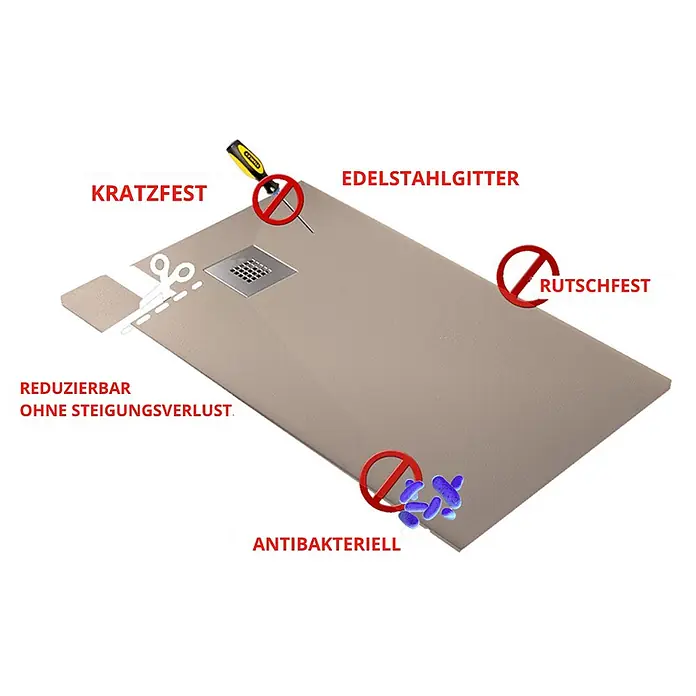 FRASCIO New Tecnology Duschwanne Duschwanne - L x B: 1.000 x 1.000 mm, Verbundwerkstoff, Weiß - Beige Duschwanne mit Edelstahlrost, kratzfest, rutschfest, antibakteriell und kürzbar.