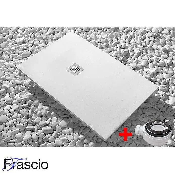 FRASCIO New Tecnology Duschwanne Duschwanne - L x B: 1.750 x 650 mm, Verbundwerkstoff, Weiß - Weiße Duschwanne mit quadratischem Metallablauf auf weißen Kieselsteinen, zusammen mit einem passenden Ablaufteil.
