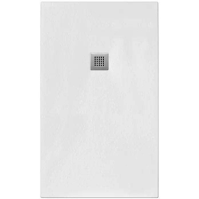 FRASCIO New Tecnology Duschwanne Duschwanne - L x B: 1.750 x 950 mm, Verbundwerkstoff, Weiß - Rechteckige weiße Duschwanne mit strukturierter Oberfläche und einem quadratischen, metallischen Gitterablauf in der Mitte.