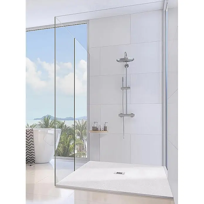 FRASCIO New Tecnology Duschwanne Duschwanne - L x B: 1.300 x 750 mm, Verbundwerkstoff, Grau - Modernes Badezimmer mit geräumiger weißer Duschwanne, Glaswand und Chrom-Duschsystem, mit Meerblick.