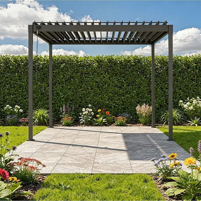 Mirador Pergola - B x T: 300 x 300 cm, Schwarz, Material Gestell: Stahl - Dunkelgraue Aluminium-Pergola mit verstellbarem Lamellendach, über einer Terrasse im Garten.
