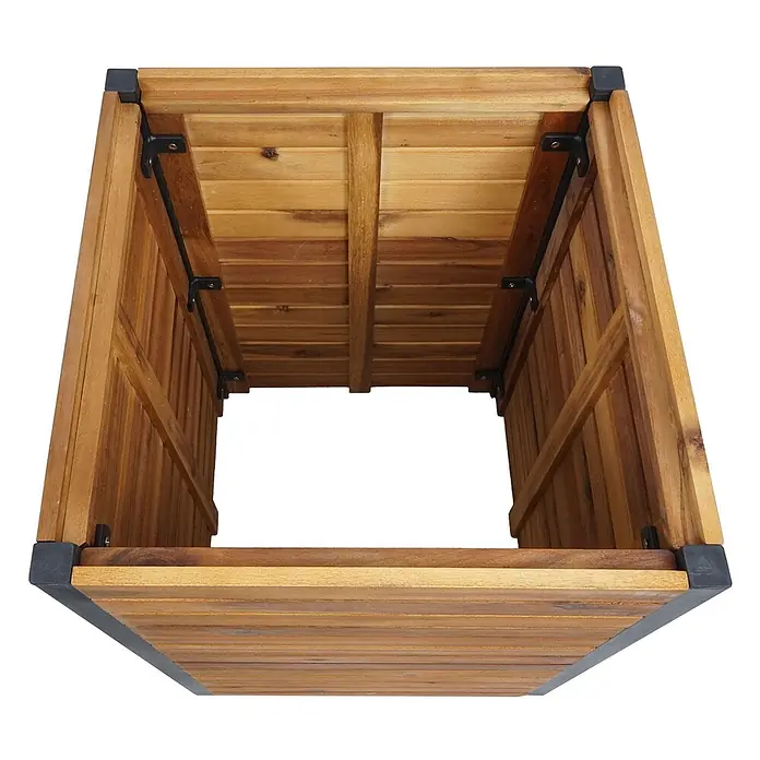 Proregal Hochbeet Pflanzkasten aus Holz - Holz, Braun - Offener, lattenförmiger Pflanzkasten aus hellem Holz mit schwarzen Eckbeschlägen und inneren Stützen.