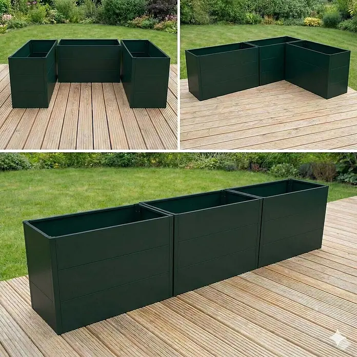 Proregal Hochbeet Metallhochbeet - Metall, Grün - Dunkelgrüne modulare Metall-Pflanzkästen in verschiedenen Außenkonfigurationen auf einer Holzterrasse.