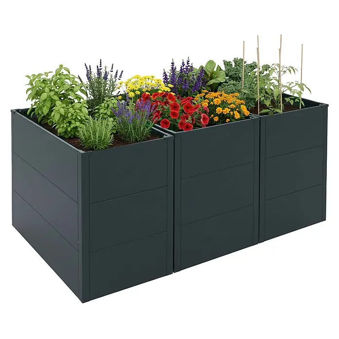 Proregal Hochbeet Metallhochbeet - Metall, Grün - Anthrazitfarbene modulare Hochbeete gefüllt mit verschiedenen Pflanzen und Blumen.
