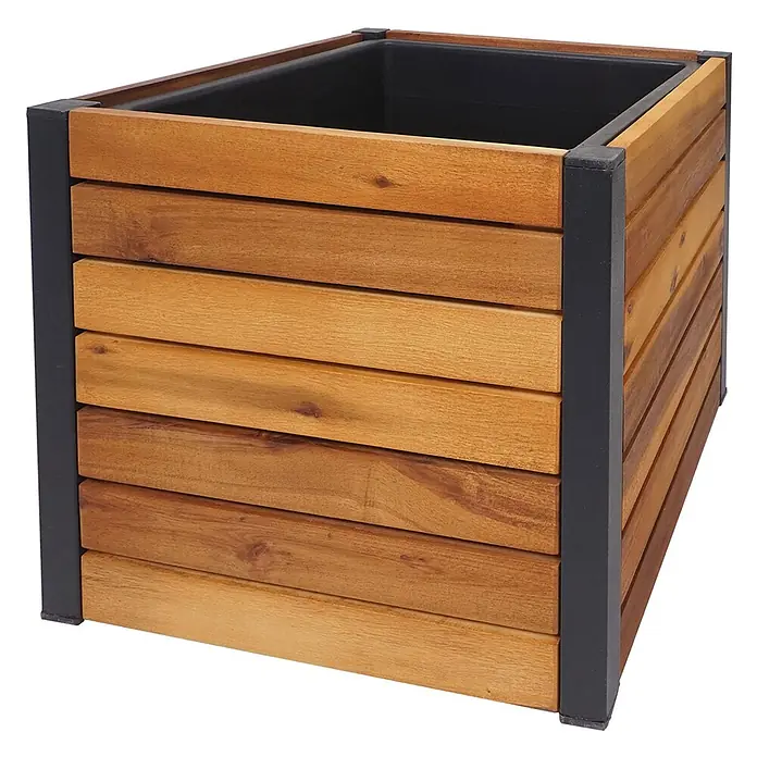Proregal Hochbeet Pflanzkasten aus Holz - Holz, Braun - Quadratischer Holz-Pflanzkübel mit dunklem Metallrahmen und schwarzem Einsatz.