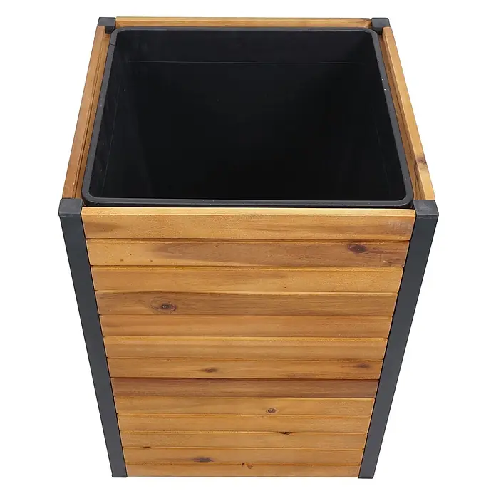 Proregal Hochbeet Pflanzkasten aus Holz - Holz, Braun - Quadratischer Pflanzkübel aus Holzlatten mit dunklem Metallrahmen und schwarzem Kunststoffeinsatz.