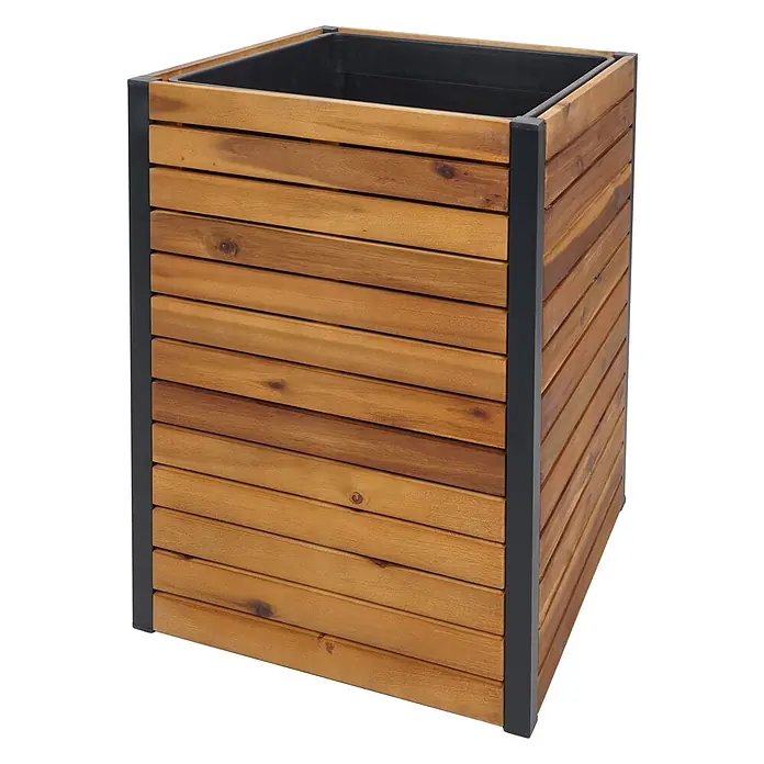 Proregal Hochbeet Pflanzkasten aus Holz - Holz, Braun - Quadratischer Pflanzkübel aus Holzlamellen mit dunklem Metallrahmen und schwarzem Kunststoffeinsatz.