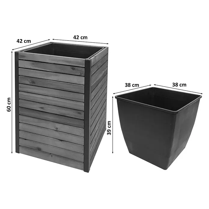 Proregal Hochbeet Pflanzkasten 2er-Set - Holz, Braun - Zwei Pflanzgefäße: ein hohes, quadratisches Holzlamellen-Pflanzgefäß (42x42x60cm) und ein dunkelgrauer Kunststoffeinsatz (38x38x39cm).