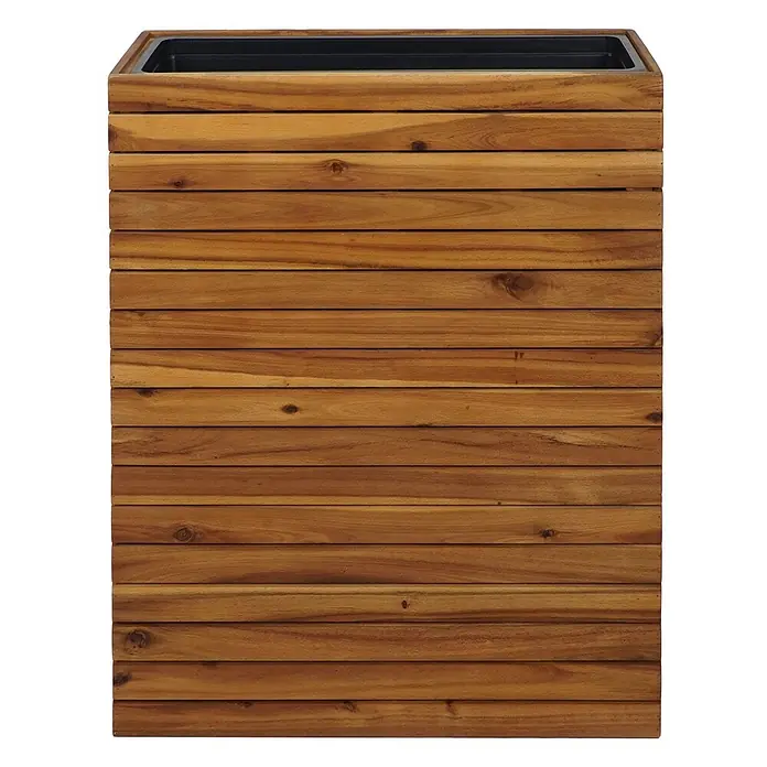 Proregal Hochbeet Pflanzkasten eckig - Holz, Braun - Rechteckiger Holz-Pflanzkübel mit horizontalen Latten und schwarzem Einsatz.