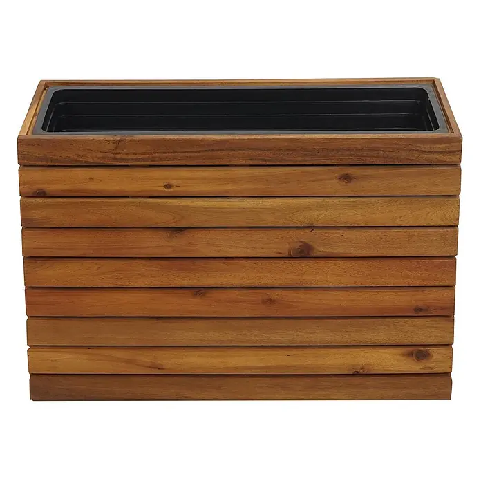 Proregal Hochbeet Pflanzkasten eckig - Holz, Braun - Rechteckiger Holz-Pflanzkübel mit horizontaler Lattenkonstruktion und schwarzem Kunststoffeinsatz.