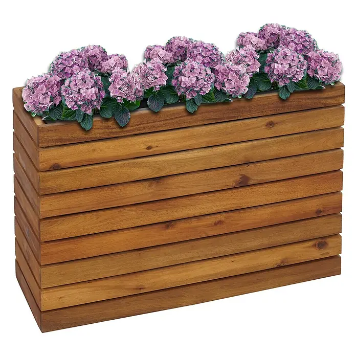 Proregal Hochbeet Pflanzkasten eckig - Holz, Braun - Langer Holz-Pflanzkasten mit lila Hortensien und grünen Blättern.
