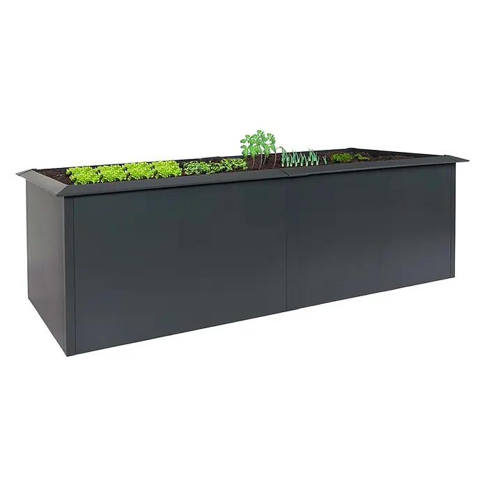 Proregal Hochbeet mit Schneckenkante - Metall, Grau - Dunkelgraues Hochbeet mit grünen Pflanzen und Erde.