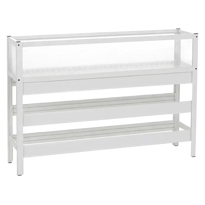 Proregal Hochbeet aus Aluminium transparent - Metall, Weiß - Weißes Hochbeet mit klaren Rippenplatten und unteren Ablageregalen.