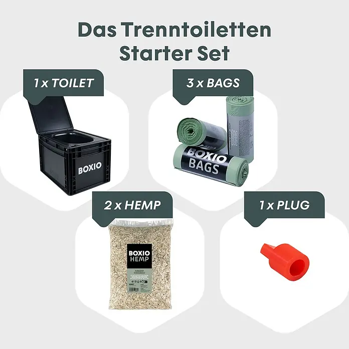 Boxio Campingtoilette Starterset - L x B x H: 41 x 31 x 30 cm, 4 -tlg., Kunststoff - Trenntoiletten Starter Set: schwarze Toilette, grüne Beutel, Hanfstreu und roter Stopfen.