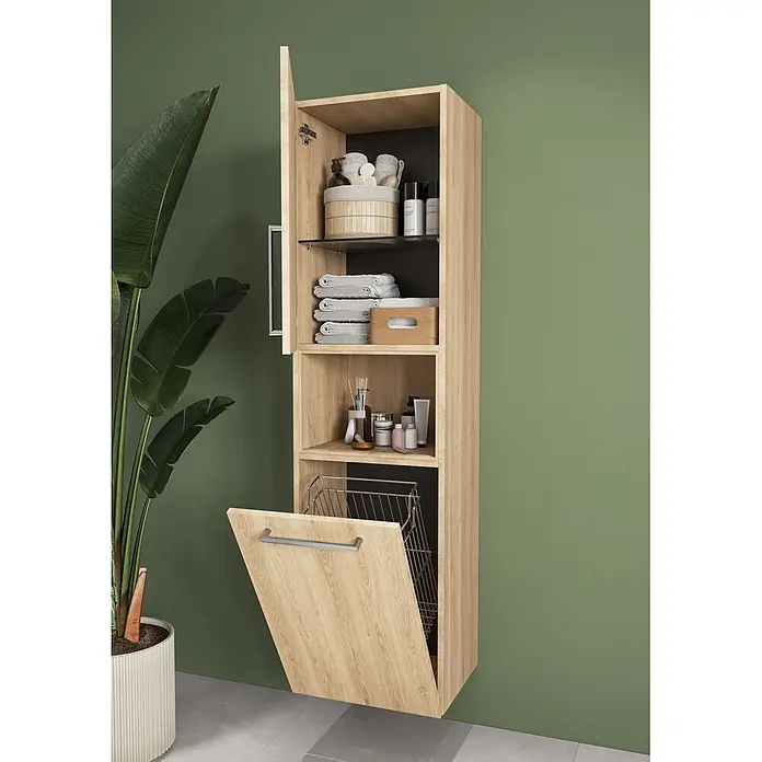 VitrA Hochschrank Root Flat - B x T x H: 42 x 36 x 155 cm, Eiche Natur, DIN Anschlag: Links - Hellholz-Badezimmerschrank mit offener oberer Tür, Regalen für Handtücher/Toilettenartikel und einer geneigten Bodentür mit Wäschekorb.