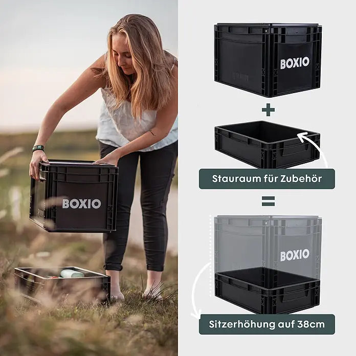 Boxio Campingtoilette Komplettset - L x B x H: 40 x 30 x 39 cm, 6 -tlg., Kunststoff - Stapelbare schwarze BOXIO Kisten. Eine große und eine kleinere Zubehörkiste ergeben zusammen einen 38 cm hohen Sitz.