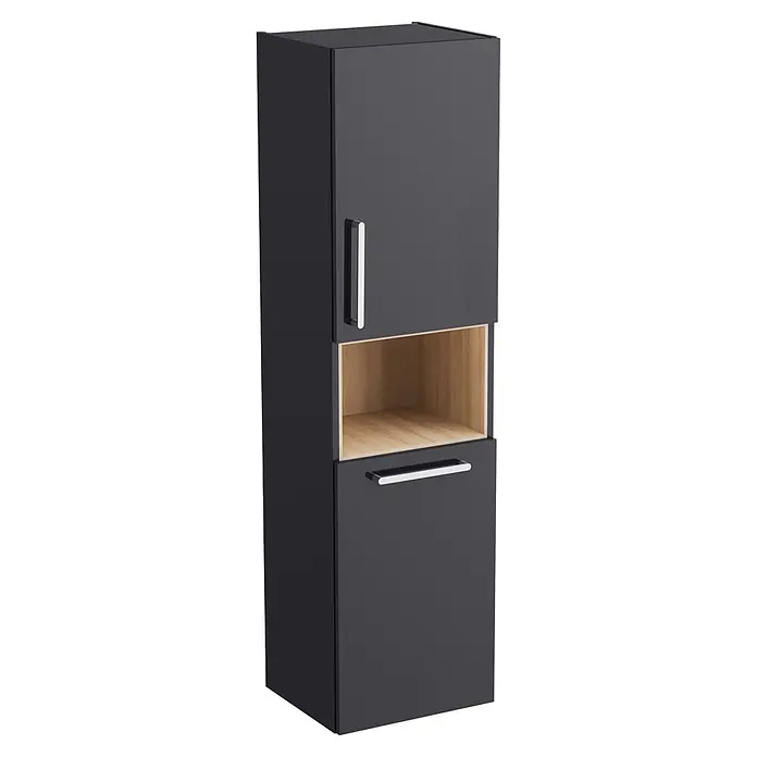VitrA Hochschrank Root Flat - B x T x H: 42 x 36 x 155 cm, Anthrazit, DIN Anschlag: Rechts - Hoher, dunkelgrauer Glanzschrank mit zwei Türen und einem mittigen offenen Holzfach, silberne Griffe.