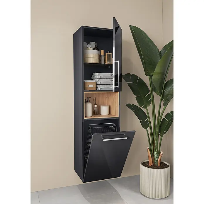 VitrA Hochschrank Root Flat - B x T x H: 42 x 36 x 155 cm, Anthrazit, DIN Anschlag: Rechts - Hoher dunkelgrauer Badschrank mit offenen Fächern, geschlossenen Abteilen und integriertem Kippwäschekorb.
