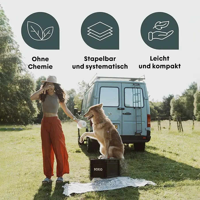 Boxio Campingtoilette Komplettset - L x B x H: 40 x 30 x 39 cm, 6 -tlg., Kunststoff - Schwarze BOXIO-Kiste im Freien, die einen Hund an einem Campervan stützt. Chemiefrei, stapelbar, leicht und kompakt.