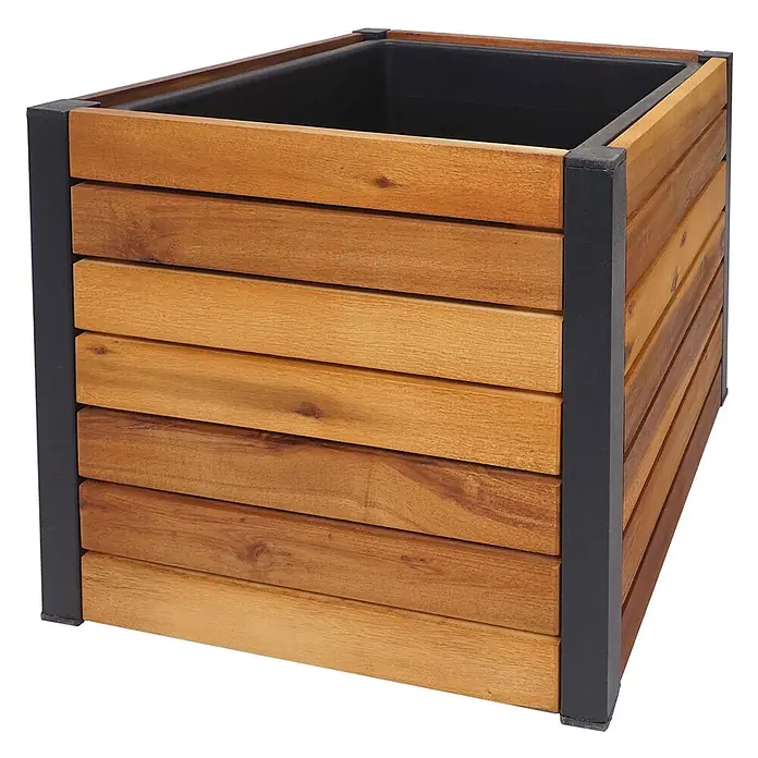 Proregal Hochbeet Pflanzkasten aus Holz - Holz, Braun - Quadratischer Pflanzkübel mit Naturholzlatten, dunklem Metallrahmen und schwarzem Kunststoffeinsatz.