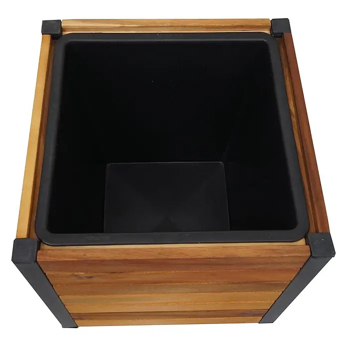 Proregal Hochbeet Pflanzkasten aus Holz - Holz, Braun - Rechteckiger Holz-Pflanzkübel mit horizontalen Lamellen und schwarzem Kunststoffeinsatz, mit dunklen Eckakzenten.
