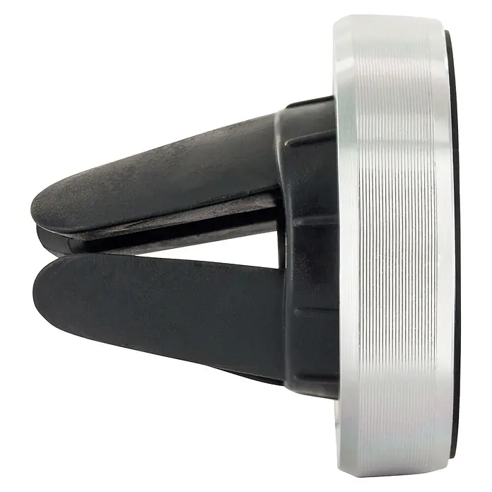 Schwaiger Handyhalter KFZ Magnet Set - Kunststoff, Silber - Schwarzer Auto-Lüftungsclip mit einem silbernen strukturierten Ring.