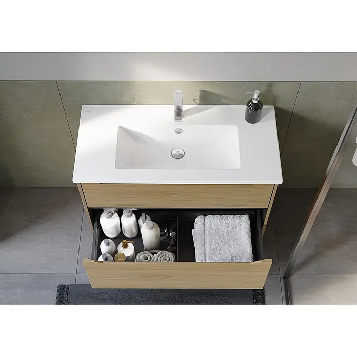 VitrA Integra Square Badmöbel-Set - Gesamtbreite Badmöbel: 100 cm, Eiche Gold - Badunterschrank aus hellem Holz mit integriertem Waschbecken, Chrom-Wasserhahn und offener Schublade mit Badutensilien.