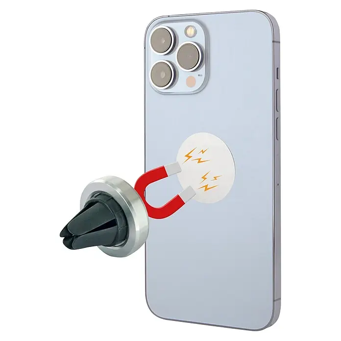 Schwaiger Handyhalter KFZ Magnet Set - Kunststoff, Silber - Magnetische Auto-Lüftungshalterung mit U-förmigem Magnet, hält silbernes iPhone über einen runden Magnetaufkleber auf der Rückseite.