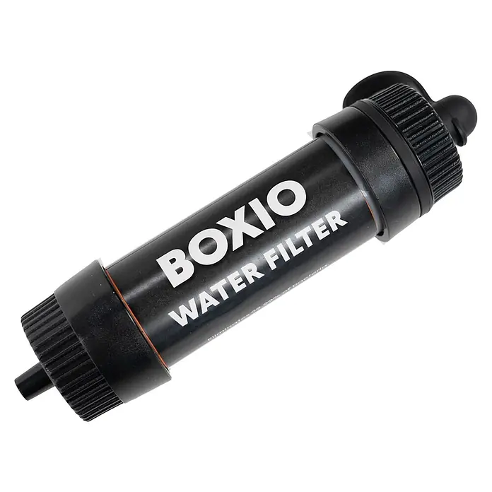 Boxio Wasserfilter - 3 -tlg. - Schwarzer tragbarer BOXIO Wasserfilter mit weißem Schriftzug.