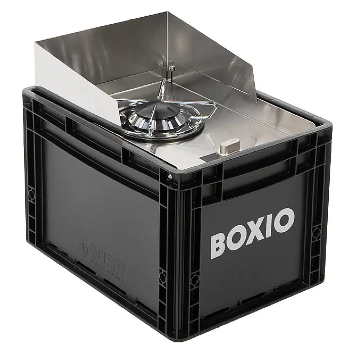 Boxio Gaskocher Cook - 40 x 30 x 28 cm, Edelstahl - Schwarze faltbare Box mit integriertem Edelstahl-Gaskocher und Windschutz.
